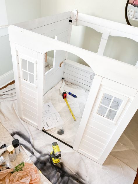 The Ultimate Playhouse Makeover: The Cost Breakdown | Life on Beacon Kidkraft Playhouse, Toddler Bedroom Playroom, Cedar Playhouse, Behr Exterior Paint, Playhouse Makeover, Toddler Playhouse, Small Playroom, Outdoor Playhouse, Garage Renovation