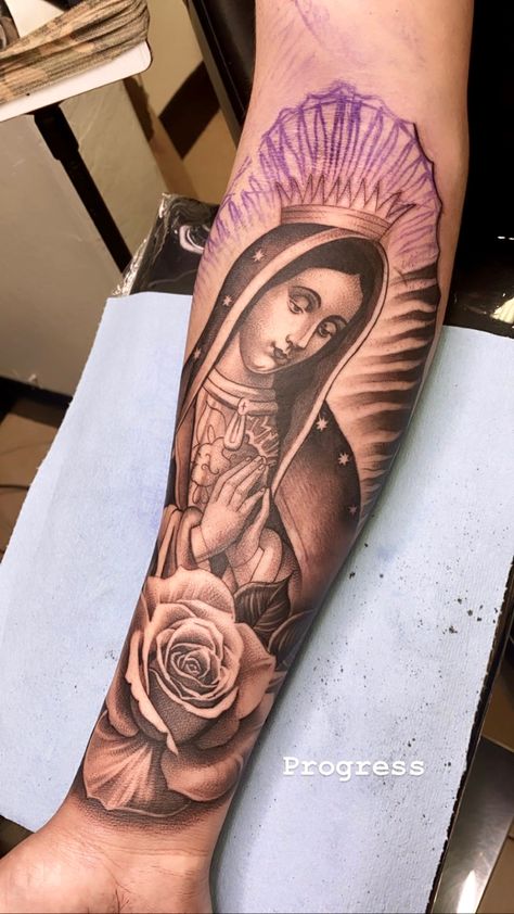 Mary Guadalupe Tattoo, Virgin Mary Sleeve Tattoos Men, Our Lady Of Guadalupe Tattoo Sleeve, Virgin Mary With Roses Tattoo, Rose Mary Tattoo, Virgin Mary Arm Tattoo, Virgencita Tattoo Women, Virgin Guadalupe Tattoo, Virgin Mary Back Tattoo Women