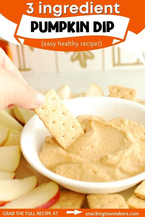 A bowl of pumpkin greek yogurt dip with a graham cracker being dipped into it, and a text overlay. Healthy Pumpkin Dip, Pumpkin Greek Yogurt, Greek Yogurt Dip, Greek Yogurt Dips, Pumpkin Dip, Sliced Apples, Pumpkin Recipes Healthy, Seasonal Eating, Pumpkin Recipe