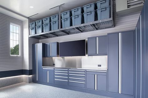 Garage Kitchenette, Garage Storage Ideas Cabinets, Garage Man Caves, Garage Cabinets Ideas, Garage Interior Ideas, Garage Cabinets Organization, Garage Overhead Storage, Unfinished Garage, Garage Lighting Ideas