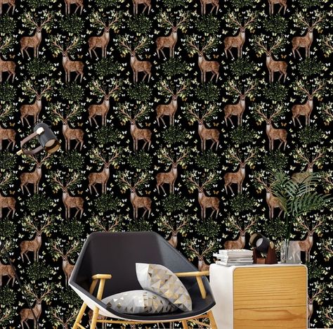 Clearwater Wildlife 16.67' L x 25" W Peel and Stick Wallpaper Roll Dark Pattern Wallpaper, Pattern Peel And Stick Wallpaper, Woodland Illustration, Salon Office, Colourful Wallpaper, Dark Pattern, Vintage Style Wallpaper, Balance Design, Bedroom Accent