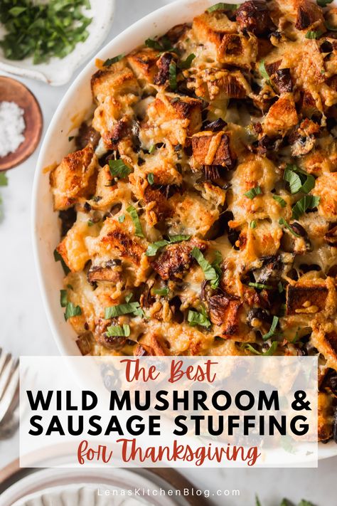 Serve your guests this rustic and earthy Wild Mushroom and Sausage Stuffing for the holidays. This dressing is full of deep flavors from pork sausage, mushrooms, and fresh herbs and finished with melted cheese on top. Easy to make ahead of time! #sidedish #thanksgivingrecipe #stuffing #easysidedish Stuffing Recipes Mushroom, Mushroom Sausage Stuffing, Stuffing Mushrooms Thanksgiving, Stuffing With Sausage And Mushrooms, Mushroom Dressing Thanksgiving, Wild Mushroom Stuffing, Sausage And Mushroom Stuffing, Sausage Mushroom Stuffing, Sausage Mushroom Stuffing Thanksgiving