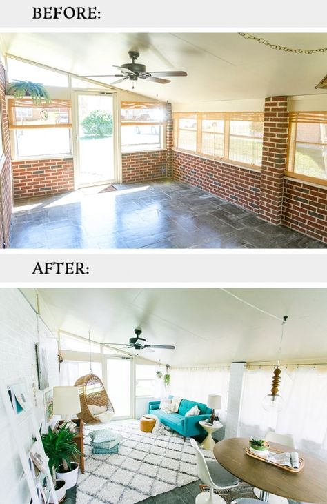 Painted White Brick Sunroom: BEFORE/AFTER Brick Sunroom, Sunroom Curtains, Sunroom Renovation, White Sunroom, Sunroom Makeover, Sunroom Remodel, Mobile Home Makeover, Rose House, Sunroom Decorating