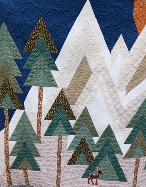 Free Motion Quilting on The Mountains are Calling crib quilt Mountain Quilts Ideas, Wilderness Quilt Patterns, Quilt Patterns Mountains, Mountain Quilt Block Sewing Patterns, Colorado Quilt, Quilts With Mountains And Trees, Trees Baby Quilt, The Mountains Are Calling Quilt, Quilted Landscapes