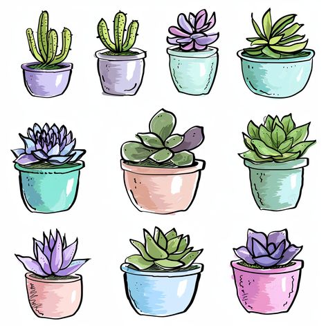 Various Potted Succulent Plants in Minimalist Pen Drawing Style Succulent In Pot Drawing, Succulent Plant Drawing, Potted Plant Drawing, Draw Succulents, Succulent Drawings, Drawing Succulents, Succulent Drawing, Pencil Plant, Succulent Tattoo