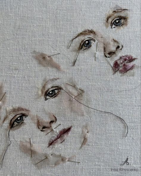 Painting And Textile Art, Textile Embroidery Art, Embroidery Portrait Simple, Messy Embroidery, Textiles Portraits, Photography Embroidery, Textile Portraits, Stitched Collage, Sisters Portrait