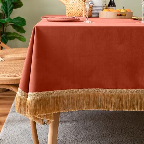 PRICES MAY VARY. 💗HIGH QUALITY FABRIC: Our the velvet Tablecloths 100% premium solid polyester fabric that will show different colors when catching light at different angles, it is not only thick and durable, but also breathable and comfortable. Delicate stitching ensures years of durability and good looks. 💛PREMIUM DESIGN: Velvet fabric unleashes a unique elegance and luxurious style, beautiful gold tassel trim makes this tablecloth vintage and elegant. Soothing and serene comfort provides a Orange Table Cloth, Velvet Table Runner, Velvet Tablecloth, Ruffled Tablecloth, Retro Farmhouse, Orange Table, Tablecloth Sizes, Home Decor Wedding, Outdoor Picnic Tables