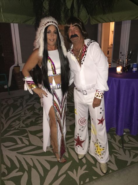 Our Best Sonny & Cher! I made both costumes. Halloween 2016 Sonny Cher Halloween Costume, Cher And Sonny Costume, Cher Diy Costume, Sonny And Cher Costume Halloween Diy, Sunny And Cher Costume, Sonny And Cher Costumes, Sonny And Cher Costume, Cher Costume Halloween, Cher Halloween Costume