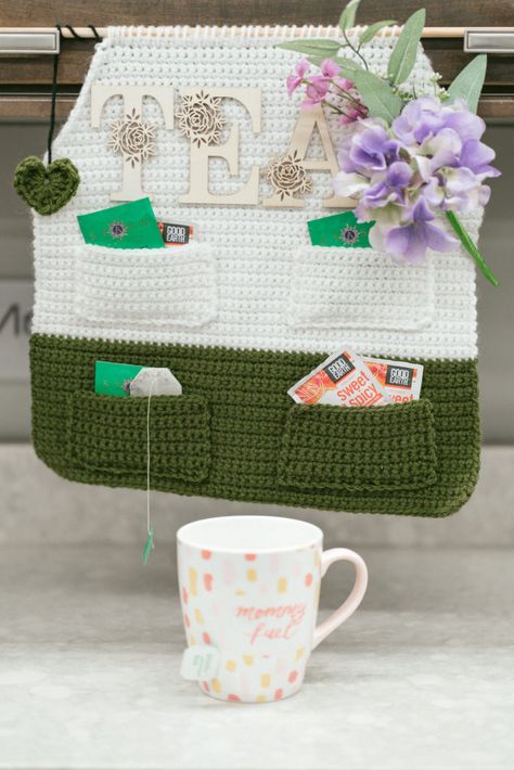 Tea Wall Hanging Winter Gear Organization, Wall Pocket Organizer, Tea Organizer, Crochet Fall Decor, Crochet Hook Organizer, Crochet Book Cover, Crocheted Cow Pattern, Tea Organization, Hanging Jewelry Organizer