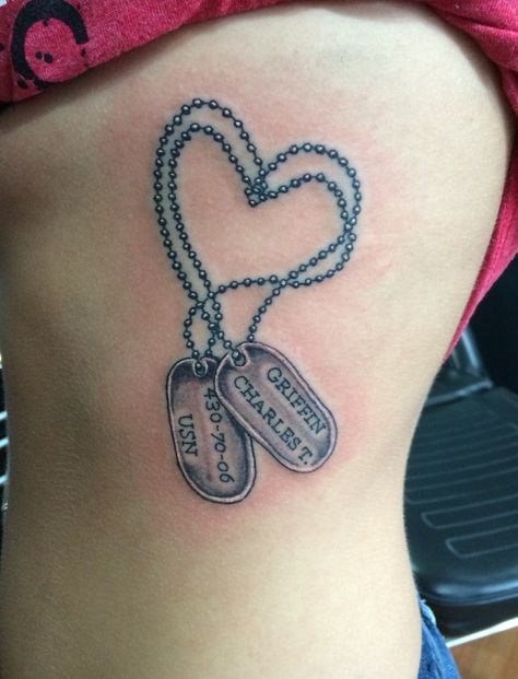 Dog tag tattoo Army Wife Tattoos, Dog Tags Tattoo, Usmc Tattoo, Tattoo Sister, Tattoo Queen, Girlfriend Tattoos, Marriage Tattoos, Tattoos For Females, Mountain Tattoos