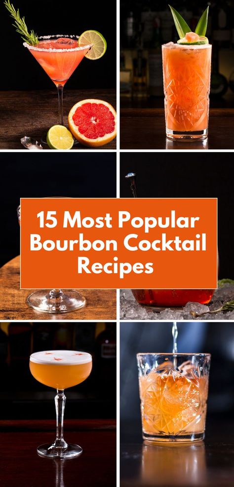 A variety of vibrant bourbon cocktails in different glasses, including martinis, highballs, and tumblers, emphasizing their unique presentations. Garnished with fresh citrus, herbs, and ice, these cocktails highlight popular bourbon-based recipes perfect for home mixologists. Ideal for bourbon lovers seeking creative ideas for parties or cozy evenings. Mixed Drinks With Bourbon, Drinks With Bourbon, Winter Mixed Drinks, Cocktails With Bourbon, Best Bourbon, Bourbon Sour, Bourbon Cocktail Recipe, Bourbon Cocktail, Cocktails To Try