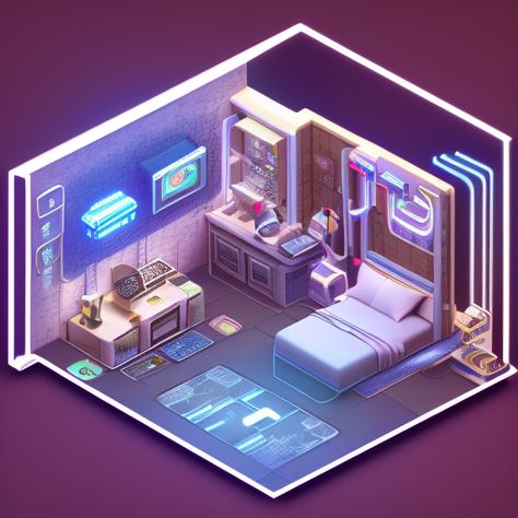 Openjourney prompt: cute isometric cyberpunk bedroom, - PromptHero Minecraft Cyberpunk, Cyberpunk Bedroom, Cyberpunk Apartment, Cyberpunk Interior, Cyberpunk Room, Isometric Design, Cyberpunk City, 3d Artwork, Gaming Room