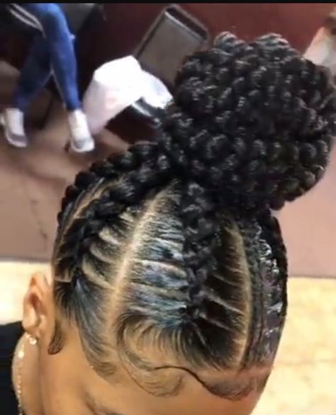 @thedollilotus National Hairstyles, Labor Hairstyles, Cornrow Buns, Bun Black Hair, Braided Bun Black Hair, Braided Bun Styles, Creative Braids, Goddess Braid Styles, Goddess Braid