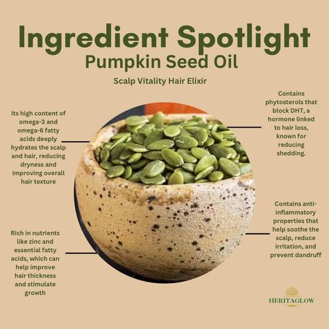 Pumpkin isn't just for fall treats—it's also a haircare powerhouse! 🎃🍂 From promoting growth to nourishing your scalp, pumpkin seed oil has some serious hair benefits you don’t want to miss. While everyone’s loving pumpkin in their lattes, we’re using it for glowing, healthy hair! ✨ Try our Scalp Vitality formula, infused with pumpkin seed oil, and give your hair the boost it needs this season. #fallvibes🍁 #pumpkinpower #healthyhair #HeritaGlow #pumkinseedoil #dhtblocker #heritaglowingr... Pumpkin Seed Oil Benefits Hair, Pumpkin Seed Oil Benefits, Dht Blockers, Hair Elixir, Pumpkin Seed Oil, Scalp Oil, Pumpkin Seed, Oil Hair, Oil Benefits