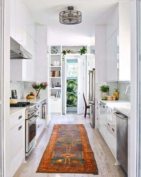 Tour An Inlet Beach, Florida, Home Filled With Cherished Antiques And Airy Color Narrow Gallery Kitchen, Small Kitchen Designs, Gallery Kitchen, Small Kitchen Ideas, Brown Furniture, Galley Kitchen, French Interior, Tiny Kitchen, Kitchen Paint