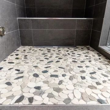 Whole Bathroom Shower Floor, Shower With Pebble Floor River Rocks, Mosaic Tiles Shower Floor, Pebble Floor Shower Ideas, Mosaic Tile Shower Floor, Pebble Tile Shower Floor, Pebble Shower, Pebble Tile Shower, Pebble Shower Floor