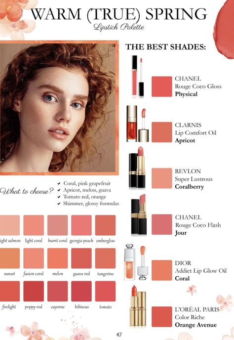 True Spring Colour Palette, Warm Spring Eyeshadow, Makeup For Spring Skin Tone, True Spring Makeup Looks, Warm Spring Lipstick Colors, True Spring Color Palette Makeup, Spring Light Makeup, Warm Lipstick Colors, Warm Spring Color Palette Makeup