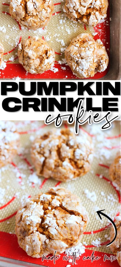 BEST PUMPKIN CRINKLE COOKIES Pumpkin Crinkle Cookies Cake Mixes, Crinkle Cookies Cake Mix, Pumpkin Crinkle Cookies, Pumpkin Sweets, Spice Cake Mix And Pumpkin, Bars Cookies, Spiced Cake, Crinkle Cookies Recipe, Frozen Pumpkin