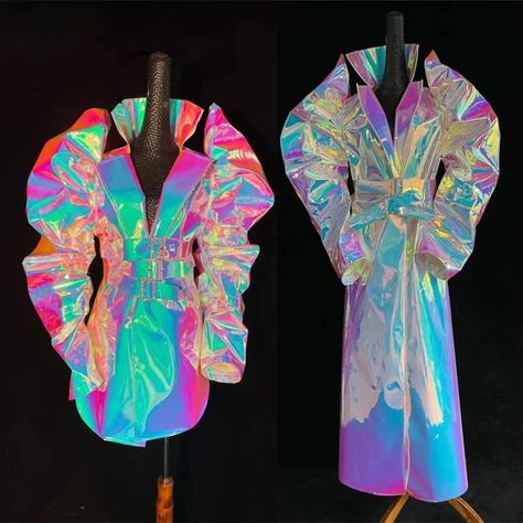 VCSHOES Puff Sleeve Laser Reflective Coat Nightclub Dress Stage Costume Women Singer Bar Concert Glitter Long Overcoat Performance Cloak Reflective Dress, Bar Concert, Nightclub Dress, Vinyl Clothing, Long Overcoat, Costume Women, Performance Dresses, Stage Costume, Rave Outfits