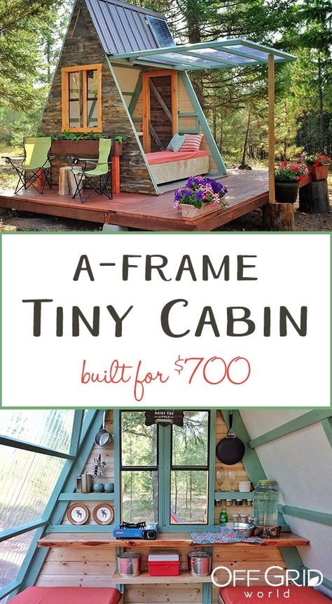 A-frame tiny cabin Aframe Lighting Ideas, A Frame Architecture, Tiny Aframe Cabins, Glamping Shed, A Frame Treehouse, Glamping Cabin Ideas, Diy A Frame Cabin, A Frame Playhouse, Frame Cabin