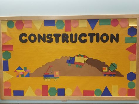 Tangram style construction theme bulletin board Sentence Construction, Math Bulletin Boards, Construction Theme, Elementary School Teacher, Display Board, Engineering Design, School Teacher, Bulletin Boards, Elementary Schools