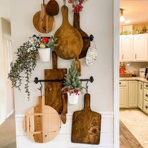 Countertop Display, Unique Farmhouse, Board Wall, Wooden Utensils, Gorgeous Kitchens, Antique Farmhouse, Farmhouse Wall Decor, Farmhouse Style Decorating, Wall Gallery