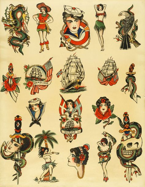 Christian Warlich. 'Tattoo flash sheet by Christian Warlich, Hamburg' c. 1930 Christian Warlich, Hula Girl Tattoos, Flash Art Tattoos, Berg Tattoo, Canvas Tattoo, Vintage Tattoo Art, Sailor Tattoos, Traditional Tattoo Old School, Vintage Tattoo Design