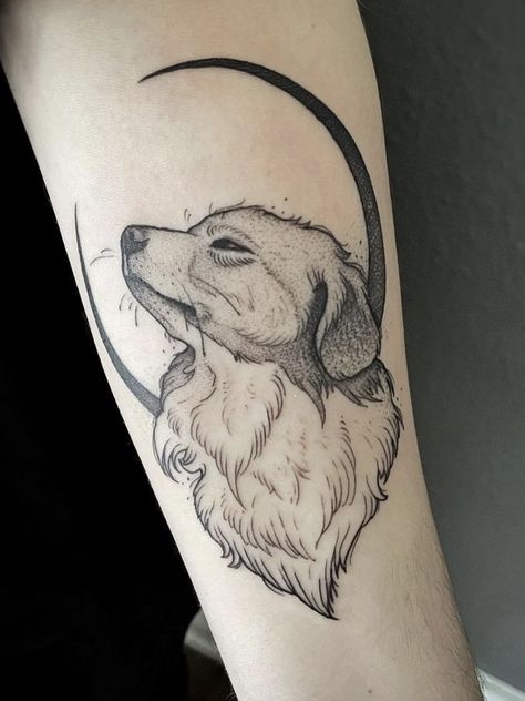 Pet Portrait Tattoo Frame, Simple Dog Portrait Tattoo, Dog And Moon Tattoo, Woodland Tattoo Sleeve, Cool Animal Tattoos, Pet Portrait Tattoos, Sheepdog Tattoo, Tattoo Pet, Dog Portrait Tattoo