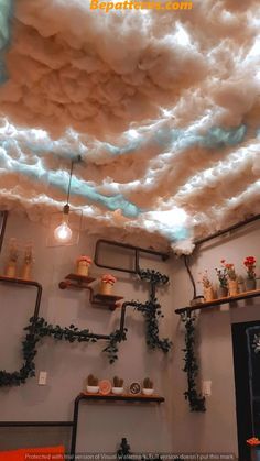 Cute Room Ideas Aesthetic Led Lights Cloud, Led Cloud Room Aesthetic, Things To Put On Ceiling, Cloud Aesthetic Bedroom, Cloud Lights Bedroom Ceiling, Clouds Hanging From Ceiling, Hanging Clouds From Ceiling, Cloud Theme Room, Cloud Roof Ceilings