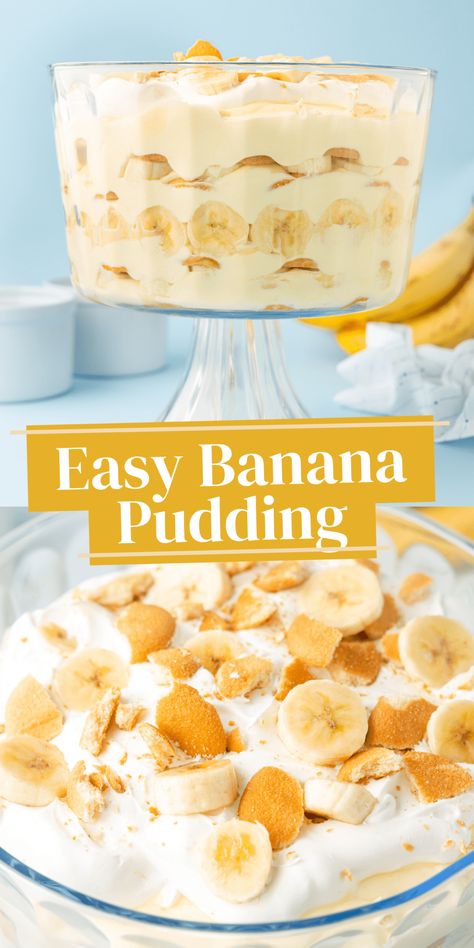 This easy banana pudding recipe is like that classic banana pudding your grandma always made. Made in a trifle bowl with layer after layer of vanilla wafers, ripe bananas, creamy instant vanilla pudding mix, and cool whip to top it off. Easy Banana Pudding Recipe Simple, Quick Banana Pudding, Vanilla Wafer Banana Pudding, Nilla Wafer Banana Pudding, Pudding Salad, Easy Banana Pudding Recipe, Banana Recipes Easy, Old Fashioned Banana Pudding, Homemade Banana Pudding Recipe