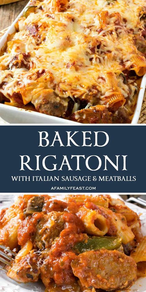 Our Baked Rigatoni with Italian Sausage and Meatballs is a delicious way to feed a crowd – or enjoy leftovers the next day. Sausage Pasta Dinner, Italian Sausage Casserole, Pasta Receipes, Italian Sausage Meatballs, Italian Casserole, Feast Recipes, Baked Pasta Dishes, Rigatoni Recipes, Sausage Meatballs