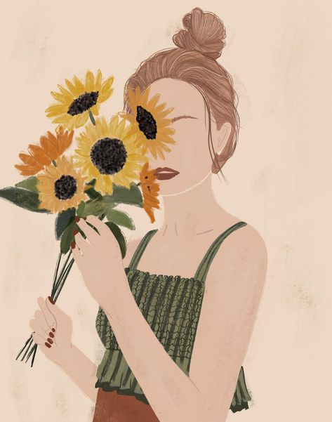 Holding Sunflower, Woman Holding Flowers, Flowers Portrait, Sunflower Girl, My Sunflower, Drawing Girls, Sunflower Illustration, Minimal Illustration, Sunflower Drawing