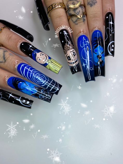 Coraline Movie, Coraline Nails, Coraline, Halloween Nails Coraline Nails Acrylic, Coraline Nail Designs, Coraline Nails Art, Nail Designs Spooky, Nails Coraline, Black Nails Acrylic, Nail Inspo Long, Nail Inspo Blue, Coraline Nails