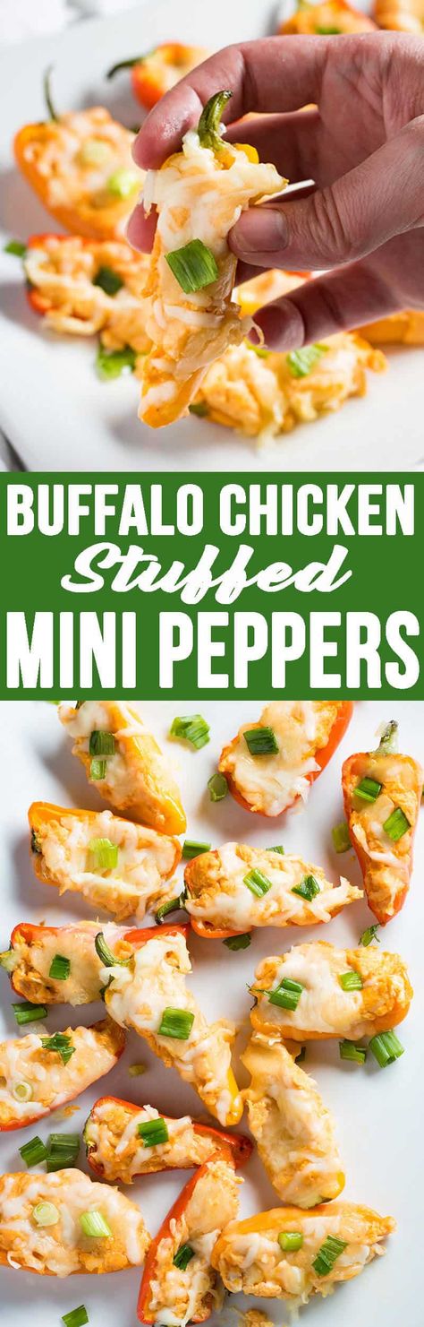 Buffalo Chicken Stuffed Mini Peppers make for an excellent appetizer, especially during football season Stuffed Mini Bell Peppers, Bell Pepper Nachos, Pepper Nachos, Mini Bell Peppers, Mini Peppers, Diy Easy Recipes, Stuffed Mini Peppers, Chicken Stuffed, Perfect Appetizers