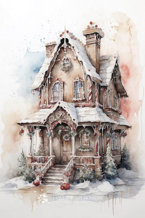 Create a neutral Christmas serenity with watercolor art featuring a vintage gingerbread house. Complement your decor with peaceful holiday charm. 🖼️❄️ #HolidayArt #WatercolorPainting #NeutralDecor #WallArt #HolidaySerenity Gingerbread House Art, Vintage Gingerbread House, Christmas Journaling, Journaling Vintage, Vintage Gingerbread, Rustic Farmhouse Christmas, Gingerbread House Designs, Neutral Christmas, Christmas Artwork