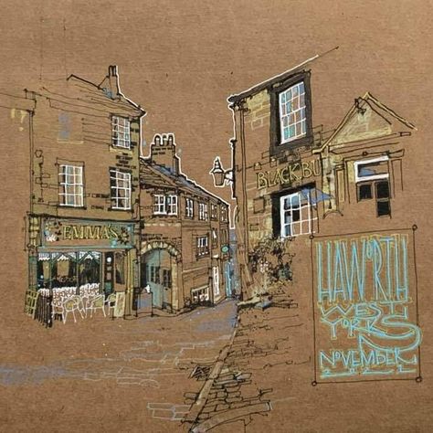 Pat Southern-Pearce on Instagram: “Haworth in North Yorkshire for Virtual Ribble's Meet there this week .In my A3 Seawhite of Brighton coil-bound Kraft paper sketchbook from…” Kraft Paper Drawing, Kraft Paper Art, City Paintings, Sketchbook Ideas Inspiration, Watermelon Illustration, Buildings Art, Travel Sketchbook, Urban Sketch, City Painting