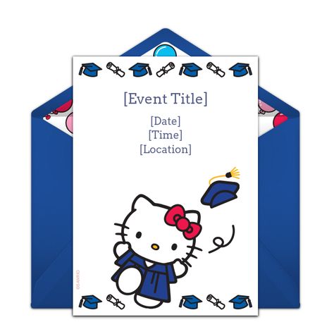 Free Graduation invitations starring Hello Kitty! Perfect for a preschool graduation party idea. Hello Kitty Graduation Invitations, Hello Kitty Graduation Gift, Hello Kitty Graduation Party Ideas, Hello Kitty Graduation Cakes, Hello Kitty Graduation Party, Diy Graduation Invitations, Graduation Invitations Ideas, Sanrio Graduation, Graduation Invitation Ideas