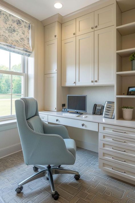 50  Office Built-In Ideas To Maximize Your Workspace Efficiency Office Built In Cabinets And Desk, Home Office Conversion, Home Office Built Ins With Desk, Womens Home Office, Built In Desk And Shelves, Home Office Built Ins, Workspace Ideas, Home Office Closet, Office Closet