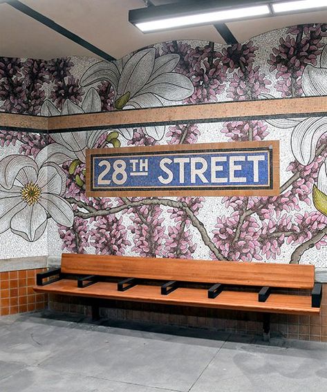 Nyc Subway Art, Subway Mosaic, Mosaic Murals, Floral Mosaic, New York Subway, Magnolia Blossom, Colossal Art, Mosaic Flowers, Traditional Japanese Art