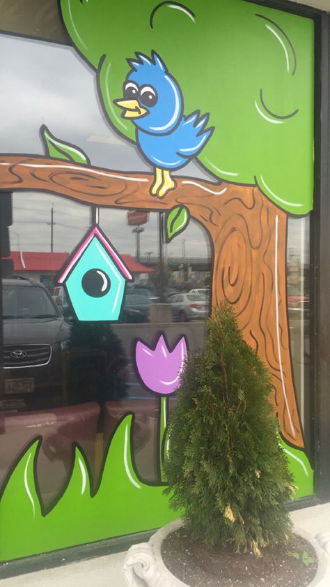 Spring window painting Summer Window Art, Spring Window Painting, Spring Windows, Painted Window Art, Window Paintings, Classroom Window, Painted Windows, Classroom Boards, Summer Window