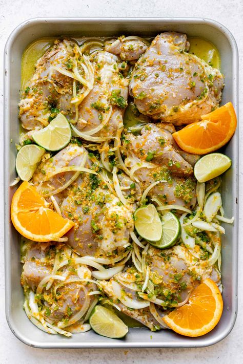 New weeknight dinner favorite: Sheet Pan Chicken Carnitas! Chicken thighs marinate in a fresh & zippy carnitas-inspired sauce made with citrus, jalapeno, & cumin, & are baked until completely juicy & tender. Finish under the broiler to make the easiest crispy carnitas in under 20 minutes! Serve them up in chicken carnitas tacos or make a rice bowl with all of your favorite fixings! #chickencarnitas #carnitasrecipe #mexicanfoodrecipes #healthydinnerrecipes #sheetpanchicken #chickenthighrecipes Chicken Carnitas Tacos, Carnitas Chicken, Crispy Carnitas, Chicken Carnitas, Carnitas Tacos, Sheet Pan Chicken, Carnitas Recipe, Sheet Pan Suppers, Pan Recipe