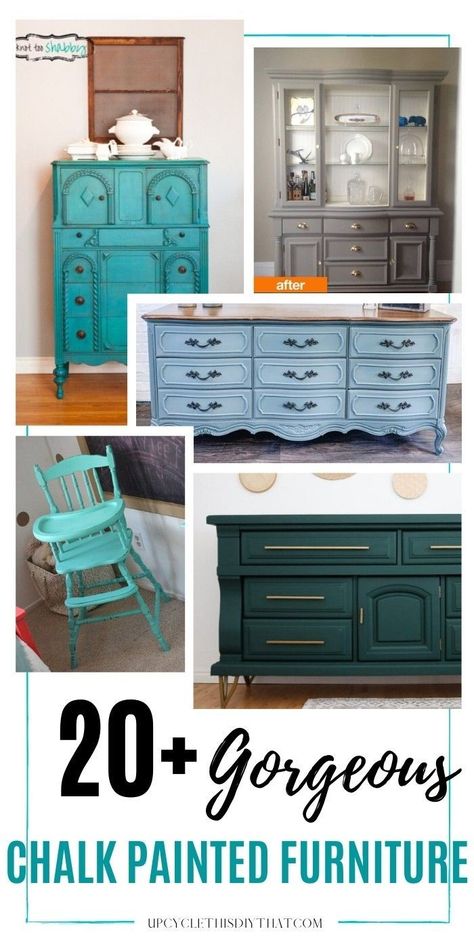 Are you looking for the perfect furniture to make your home look fabulous? If you want a new color, why not try painting it with chalk paint? Chalk is an easy-to-use product that can give your old or dingy furniture a complete transformation. Check out these gorgeous chalk-painted furniture projects. Over 20 cool examples of layered chalk paint, chalk painted fabric, or painted laminate. Great ideas to get you inspired to make your own DIY chalk paint furniture upcycling projects. Chalk Paint Colors Ideas Bedroom, Chalk Paint Color Ideas For Furniture, Chalk Paint Finishes Ideas, Painting A Dresser With Chalk Paint, Chalk Paint Ideas For Furniture, Country Chic Paint Projects, Chalk Paint Dresser Ideas Color Combos, Chalk Paint Projects Ideas, Chalk Paint Colors Ideas