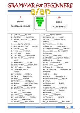 Grammar for Beginners: a or an Esl Worksheets For Beginners, Grammar For Beginners, Esl Grammar, Grammar Quiz, Grammar Exercises, Free Classes, English For Beginners, English Exercises, English Grammar Worksheets