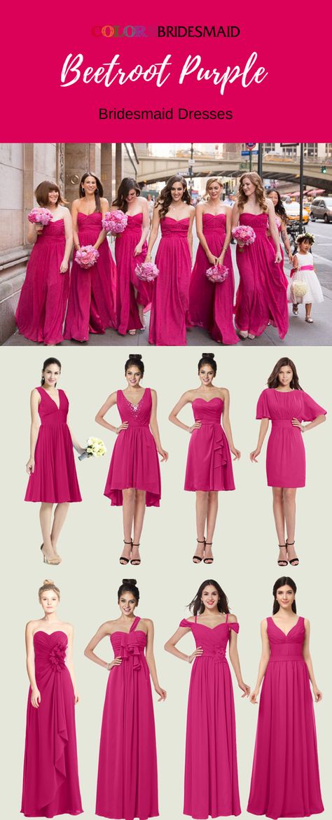 These beetroot purple bridesmaid dresses with v-neck, sweetheart neckline, short-sleeve,one shoulder and spaghetti style are custom made to all sizes and sold under 100. The cheap bridesmaid dresses are great for summer or fall weddings. Fuschia Bridesmaid Dresses, Fuschia Wedding, Bridesmaid Dresses Short, Wedding Parties Colors, Wedding Bridesmaids Dresses Blue, Purple Bridesmaid, Pink Wedding Inspiration, Affordable Bridesmaid Dresses, Red Bridesmaids