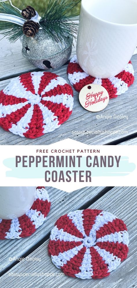 Peppermint Crochet Coasters, Christmas Easy Crochet, Christmas Crochet Patterns Free Ornament Xmas, Quick And Easy Crochet Christmas Gifts, Crochet Christmas Craft Fair Ideas, Craft Fair Crochet Ideas To Sell, Crochet Peppermint Candy, Easy Crochet Projects To Sell, Peppermint Crafts