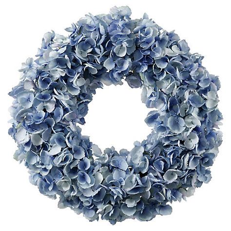 Floral & Greenery | One Kings Lane Baby Blue Hydrangea, Dried Hydrangea Wreath, Blue Hydrangea Wreath, Nantucket Cottage, Endless Summer Hydrangea, Winter Door Decorations, Dried Hydrangeas, Faux Hydrangea, Boxwood Wreath