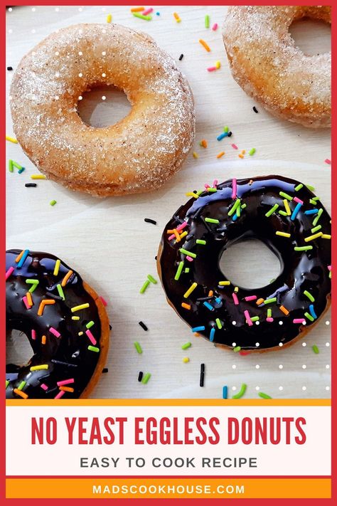 Eggless donuts without yeast are just as easy to make at home. A sweet treat loved by kids and adults alike. Try this easy-to-cook recipe of No Yeast Eggless Donuts using ingredients and equipment readily available in your kitchen. I have prepared the fried donuts two ways. Cinnamon sugar dusted donuts and chocolate donuts.#Donuts #Eggless #DonutRecipe #NoYeast Eggless Donut Recipe, Donut Recipe No Yeast, Fried Doughnut Recipe, Yeast Donuts, Fried Donuts, Donuts Recipe, Doughnut Recipe, Chocolate Donuts, Recipe Videos