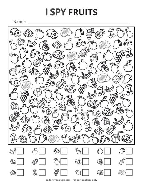 Free Printable I Spy Fruits I Spy Printables For Kids Free, I Spy Worksheets, Printable Fruits, Spy Games For Kids, Mazes For Kids Printable, Bingo Games For Kids, Bingo For Kids, Kindergarten Freebies, Indoor Activities For Toddlers