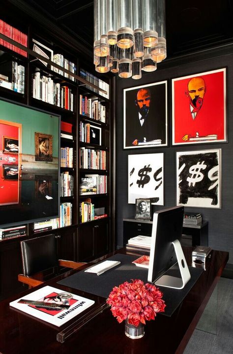 Dark masculine office with pop art Funky Home Office Design, Funky Office Ideas, Fly Aesthetic, Gray Interior Doors, Funky Office, Dark Office, Office Vibes, Future Office, Black Fly