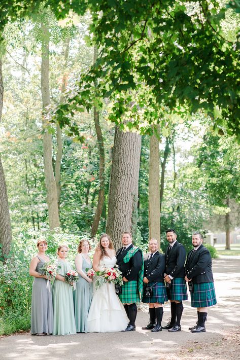 Kilt Wedding Bridesmaids, Scottish Bridesmaid Dresses, Scottish Wedding Party, Mismatched Bridesmaids Dresses, Kilt Wedding, Neutral Bridesmaid Dresses, Kilt Outfits, Bonnie Scotland, Stunning Bridesmaid Dresses